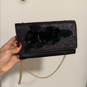 Aldo Black Glitter Clutch with Floral Detail